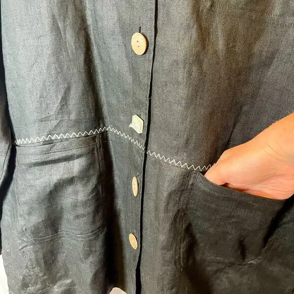 VTG Mureli Collection Women’s M Black Linen Hooded Lagenlook Artsy Jacket Art - Picture 8 of 14